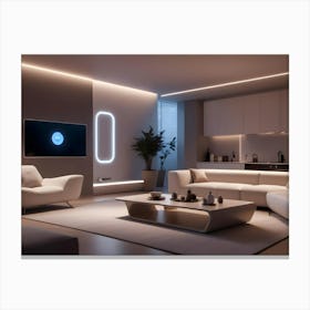 A Modern Living Room Interior With A White Sofa, A Coffee Table, And A Large Tv Screen Displaying A Smart Home Interface 1 Canvas Print