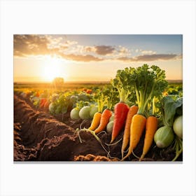 A Variety Of Fresh Vibrant Vegetables Sprouting From Rustic Soil Bathed In The Golden Hour Sunligh (3) Canvas Print