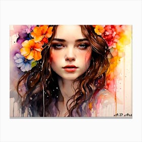 Beauty with Bouquet Flowers - Water Color Wash Painting Canvas Print