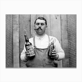 Prohibition, Man Holding A Bottle Of Whiskey, Black and White Old Photo Canvas Print