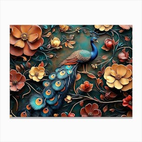 Peacock And Flowers Canvas Print