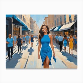 Blue Woman Walking Down The Street Canvas Print