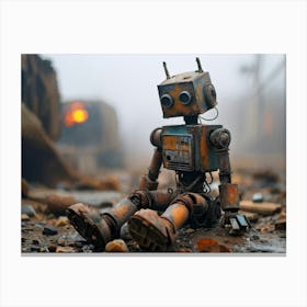 Abandoned Toy Robot Small Heavily Rusted Covered In Dust Cracked And Faded Paint Surface Lying Canvas Print