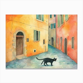 Black Cat In Brescia, Italy, Street Art Watercolour Painting 1 Canvas Print