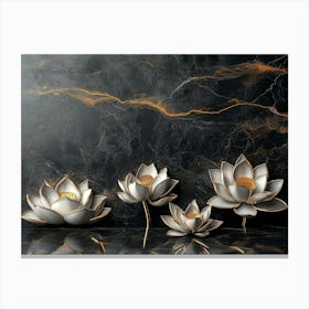 3d Lotus Flowers On A Black Granite Luxury Canvas Print