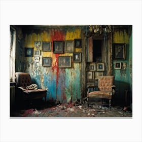 Interior Of A Vintage Horror Inspired Room With Rainbow Hued Aged Grunge Wallpaper Peeling Away To (2) Canvas Print