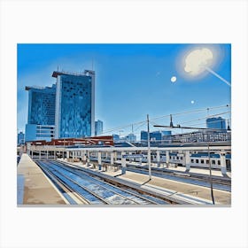 Train Station in Milan, Italy, in Porta Garibaldi District, with blue sky and reflections Canvas Print