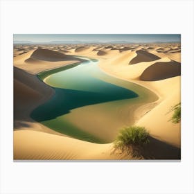 River Flowing Through Sand Dunes Creating A Green Belt Canvas Print