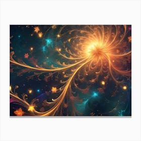 A Glowing, Fractal Flower With Intricate Petals And Swirling Lines, Surrounded By Smaller Blossoms And Sparkling Stars On A Dark Blue Background Canvas Print