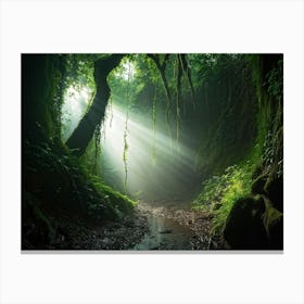 A Winding Path Carved Through An Ancient Forest Lush Greens Enveloping The Trail A Solitary Tree W (3) Canvas Print