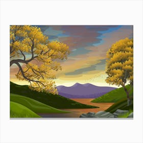 Scenic Vista Horizon Sky Clouds Sun Light River Water Trees Fall Nature Environment Stylized Painting Art Green Canvas Print