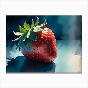 A Single, Red Strawberry With Green Leaves Is Painted On A Blue Surface Canvas Print