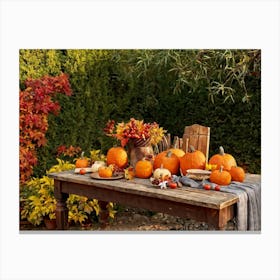 Autumnal Still Life Composition Featuring A Wooden Table Set In A Rustic Garden During The Golden Ho (4) Canvas Print