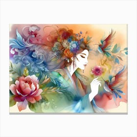 Chinese Woman With Birds Canvas Print