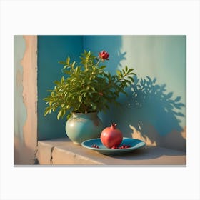 A Pomegranate On A Blue Plate Next To A Vase With A Green Plant Canvas Print