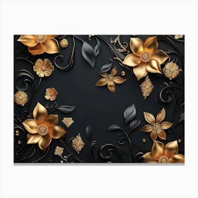 Gold Flowers On Black Background 3 Canvas Print