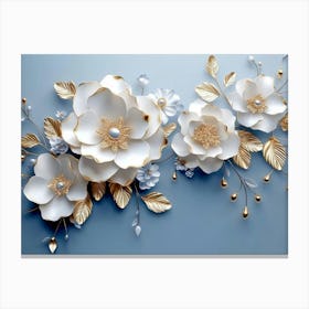 3d Artwork White And Blue Background With Golden Jewelry And Flowers 1 Canvas Print