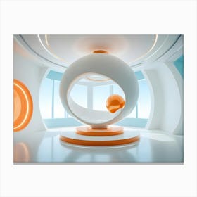 A Minimalist White Room With An Orange And White Spherical Chair Canvas Print