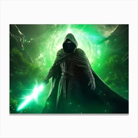 Mysterious sci-fi character wearing a flowing black cloak against a vibrant green explosion Canvas Print