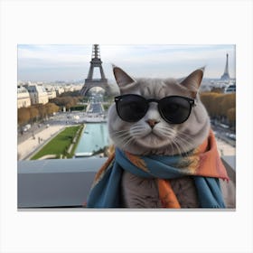 Sophisticated Cat In Paris: A Grey Tabby Cat Wearing Sunglasses And A Colorful Scarf, Eiffel Tower In The Background Canvas Print