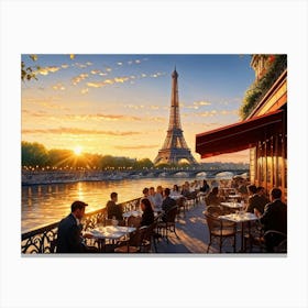 Elegant Parisian Cafe Perched On The Seine Riverbank Golden Hour Illuminates The Setting Soft Refl (6) Lienzo