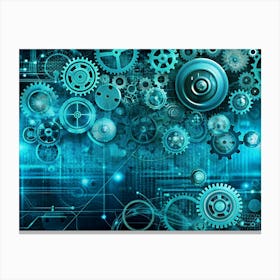 Intricate Clockwork Gears Set Against A Blue Technological Background With Glowing Lines And Data, Symbolizing The Fusion Of Mechanics And Technology Canvas Print