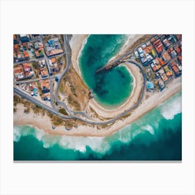 Ocean Coast With Blue Water And Buildings Canvas Print