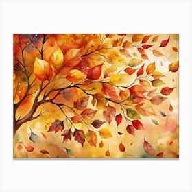 Watercolor Autumn Tree Branch With Falling Leaves Canvas Print