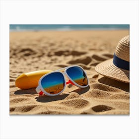 Hat And Sunglasses On The Beach 1 Canvas Print