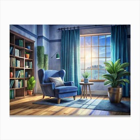 Living Room With Blue Armchair And A Window With A View Of A Sunset Canvas Print