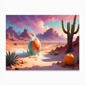 A Surreal Desert Landscape With A Large, Colorful Egg, Painted With Various Colors, Splashing Into A Pool Of Milk Canvas Print