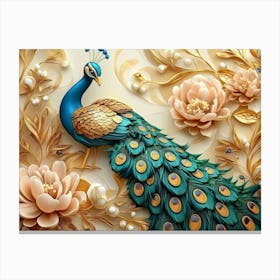 3d Artwork Peacock With Golden Jewelry And Flowers Canvas Print