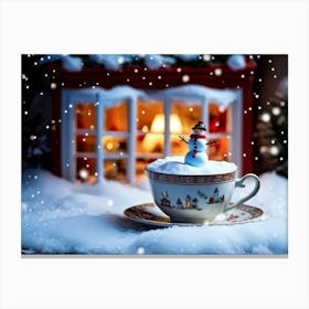 Miniature House Nestling Inside A Teacup Windows Aglow With Warm Light Surrounded By A Powdered Su 2 Canvas Print