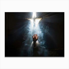 An Ultra Realistic Depiction Of A Hand Raised In A Gesture Of Prayer Emerging From Darkness Into A (3) Canvas Print