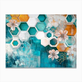 Turquoise And Blue Elements Blend with White Lattice and Brown Hexagons Canvas Print