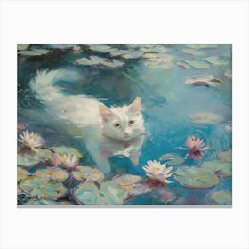 White Cat In A Pond Canvas Print