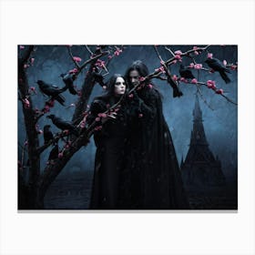 A Gothic Styled Digital Painting Setting A Dark Atmospheric Scene Black Crows Nestled On Intertwi Canvas Print