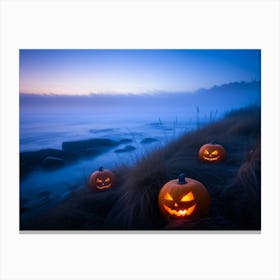 Jack O Lanterns With Eerie Glows Emanating A Soft Light Scattered Along A Desolate Shoreline Early 2 1 Canvas Print