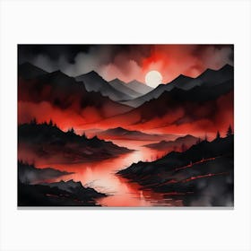 A Watercolor Painting Of A Landscape With Mountains, A River, And A Red Sunset Canvas Print