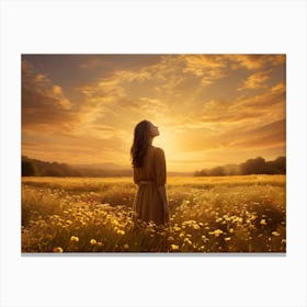 Woman In A Field At Sunset Canvas Print