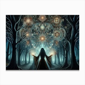 A witch opening a portal in a dark forest Canvas Print