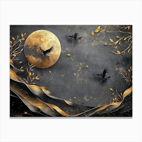 Elegant 3d Design Featuring Dark Gray Background with Golden and Black Feathers with Moon and Birds Canvas Print