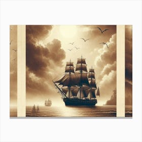 Vintage Sepia Prints Of Ocean With Ships 2 Canvas Print