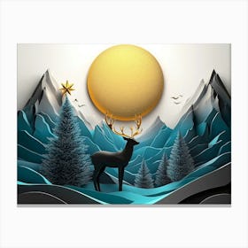 3d Modern Art with Christmas Tree, Golden Lines and Mountain and Birds in Blue Marble 2 Canvas Print