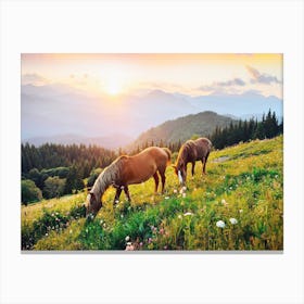 Horses Grazing On Hillside Canvas Print