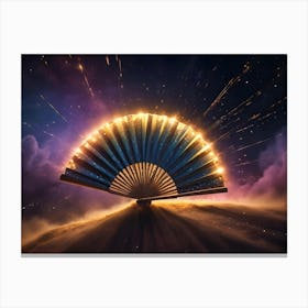 A Fantasy Themed Image Of A Golden Fan With Sparkles Radiating From It, Sitting On A Sandy Hill With A Cloudy Sky And Stars In The Background Canvas Print