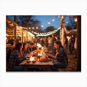 Autumn Festival Illuminated By String Lights Rustic Decorations Such As Dried Corn Husks Pumpkin A (3) Canvas Print