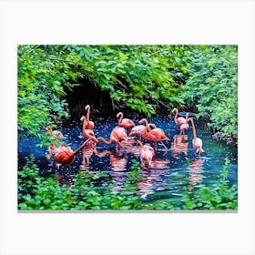 Flamingos in a Tranquil Lagoon. A serene scene of vibrant pink flamingos wading and interacting in a lush, green lagoon surrounded by dense foliage. The water reflects their elegant forms, creating a harmonious connection between nature and wildlife. 7 Canvas Print