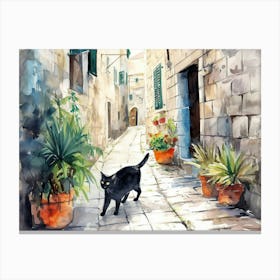 Dubrovnik, Croatia   Cat In Street Art Watercolour Painting 4 Canvas Print
