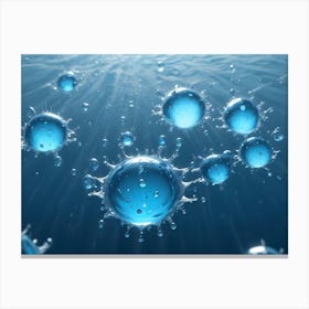 Close Up Of Water Droplets Floating And Splashing In A Blue Underwater Scene Canvas Print